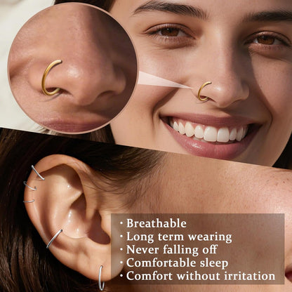 Hypoallergenic Nose Rings Hoops Set for Women Men: 8Pcs 18G Gold/Silver 316L Surgical Stainless Steel Nose Hoops Hinged Clicker Septum Rings for Nose Cartilage Body Piercing Jewelry 6Mm 8Mm 10Mm 12Mm