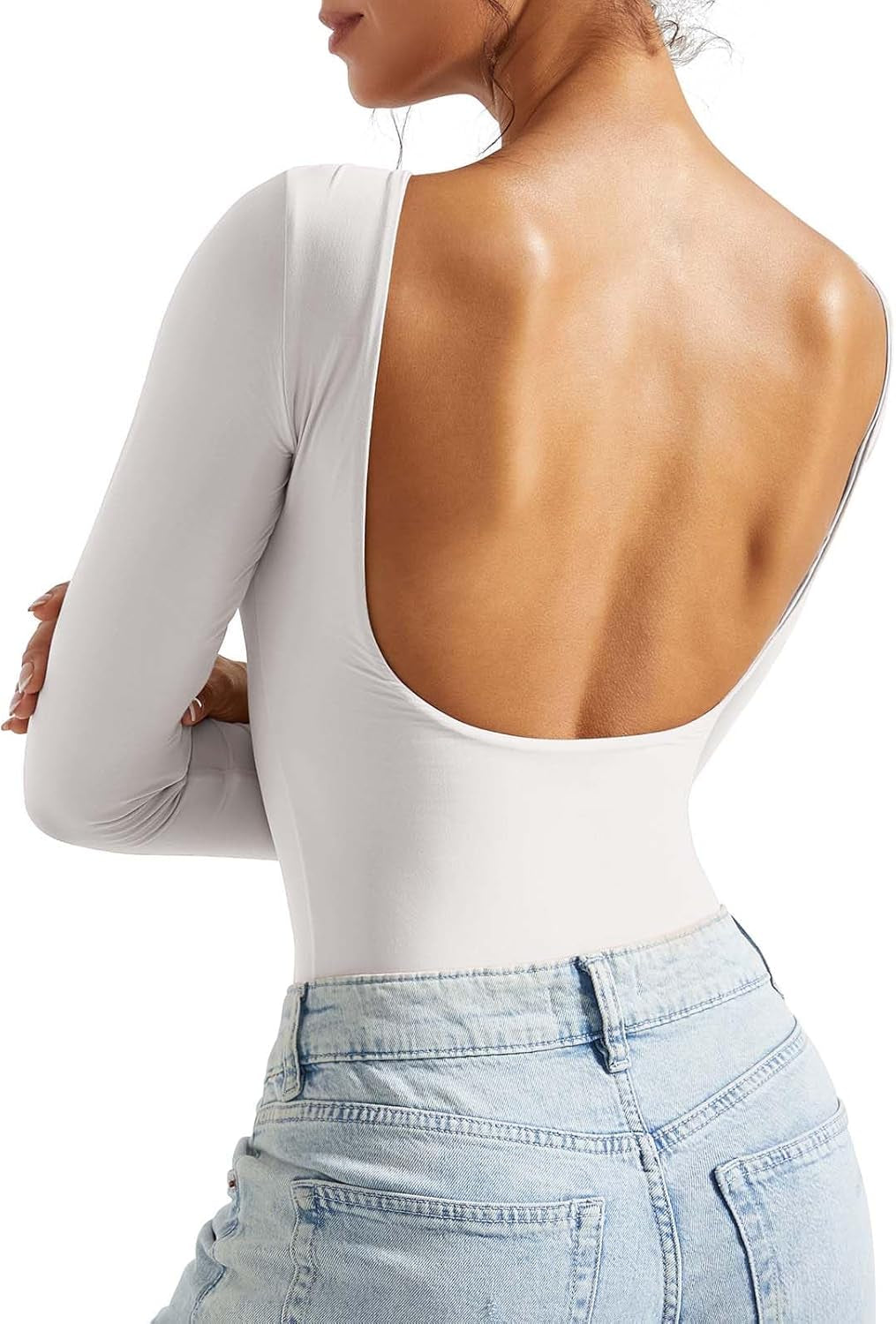SUUKSESS Women Backless Y2K Long Sleeve Bodysuit Double Lined Open Back Sexy Basic Top
