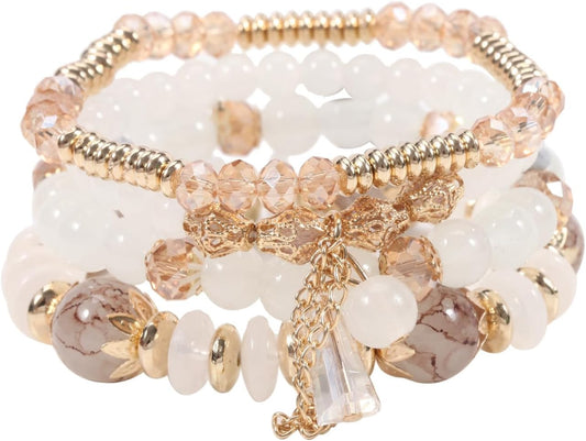 Bohemian Stackable Bracelets for Women Gold Beaded Stretch Charm Bracelets Set Crystal Elastic Multilayer Colorful Charm Bangles Bracelets Summer Beach Multicolor Statement Jewelry