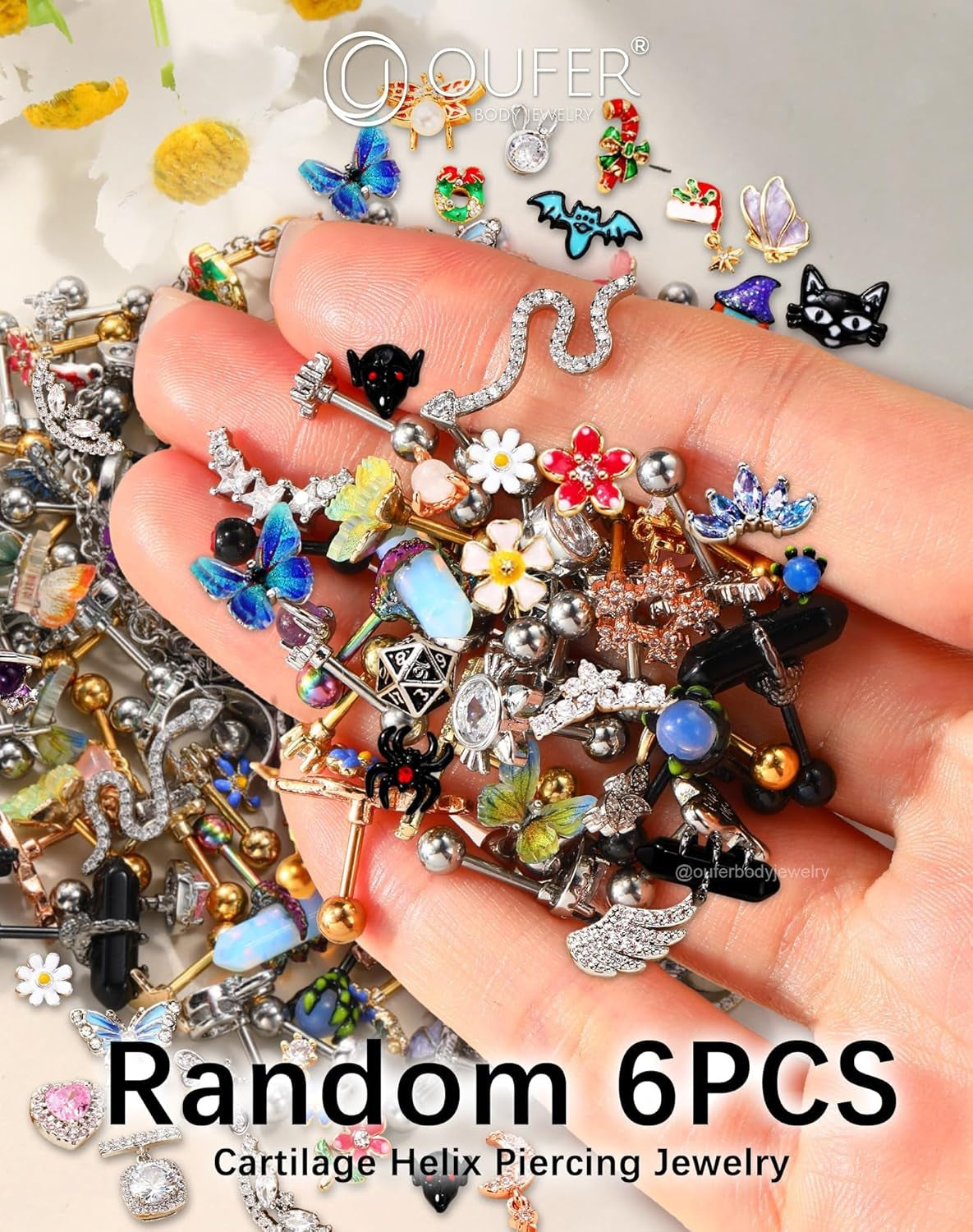 OUFER 16G Helix Earrings, 316L Stainless Steel Cartilage Earrings, Random 6PCS Helix Cartilage Piercing Jewelry, Tragus Forward Helix Cartilage Earrings Studs for Women