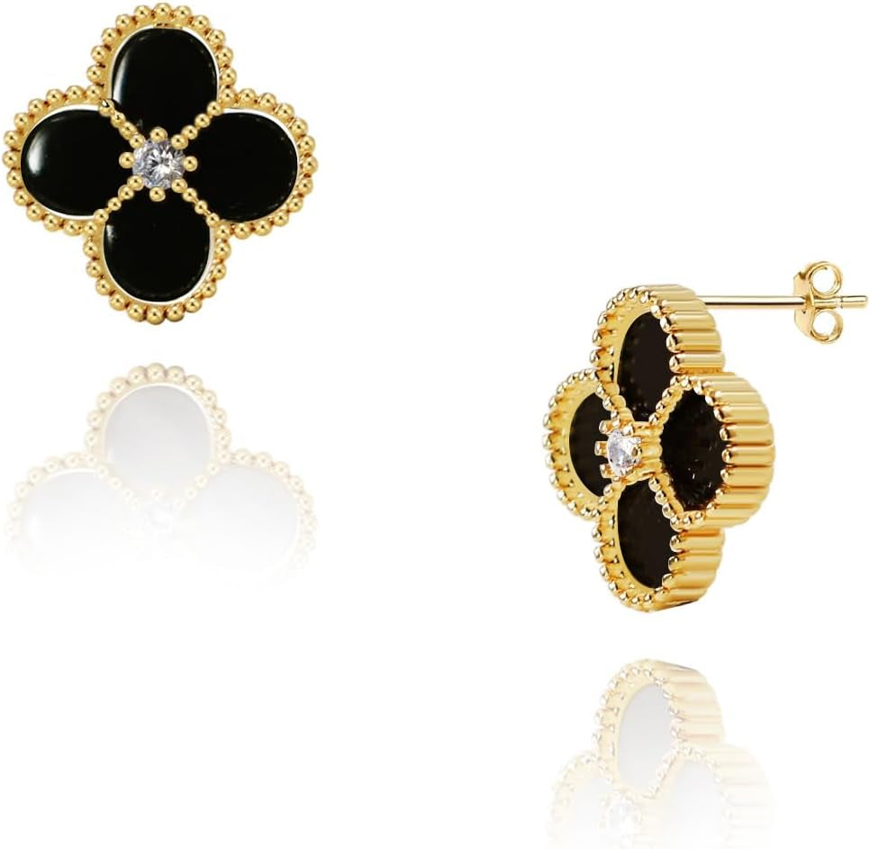 Unique Earrings for Women Trendy, 14K Gold Plated Four Leaf Clover Heart Butterfly Stud Dangle Earrings, Black Onyx White Huggie Earrings Birthday Christmas Valentine'S Day Jewelry Gifts