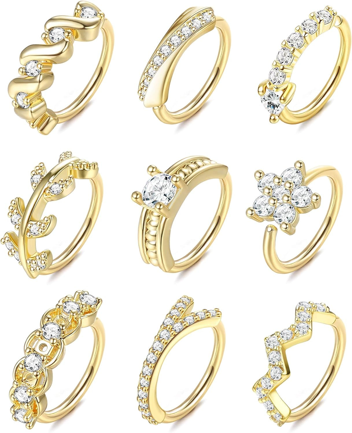 UBGICIG 9Pcs 20G Stainless Steel Nose Rings Hoop for Women Men Paved CZ Cute Cartilage Helix Earrings Body Piercing for Nose Ear Gold Silver