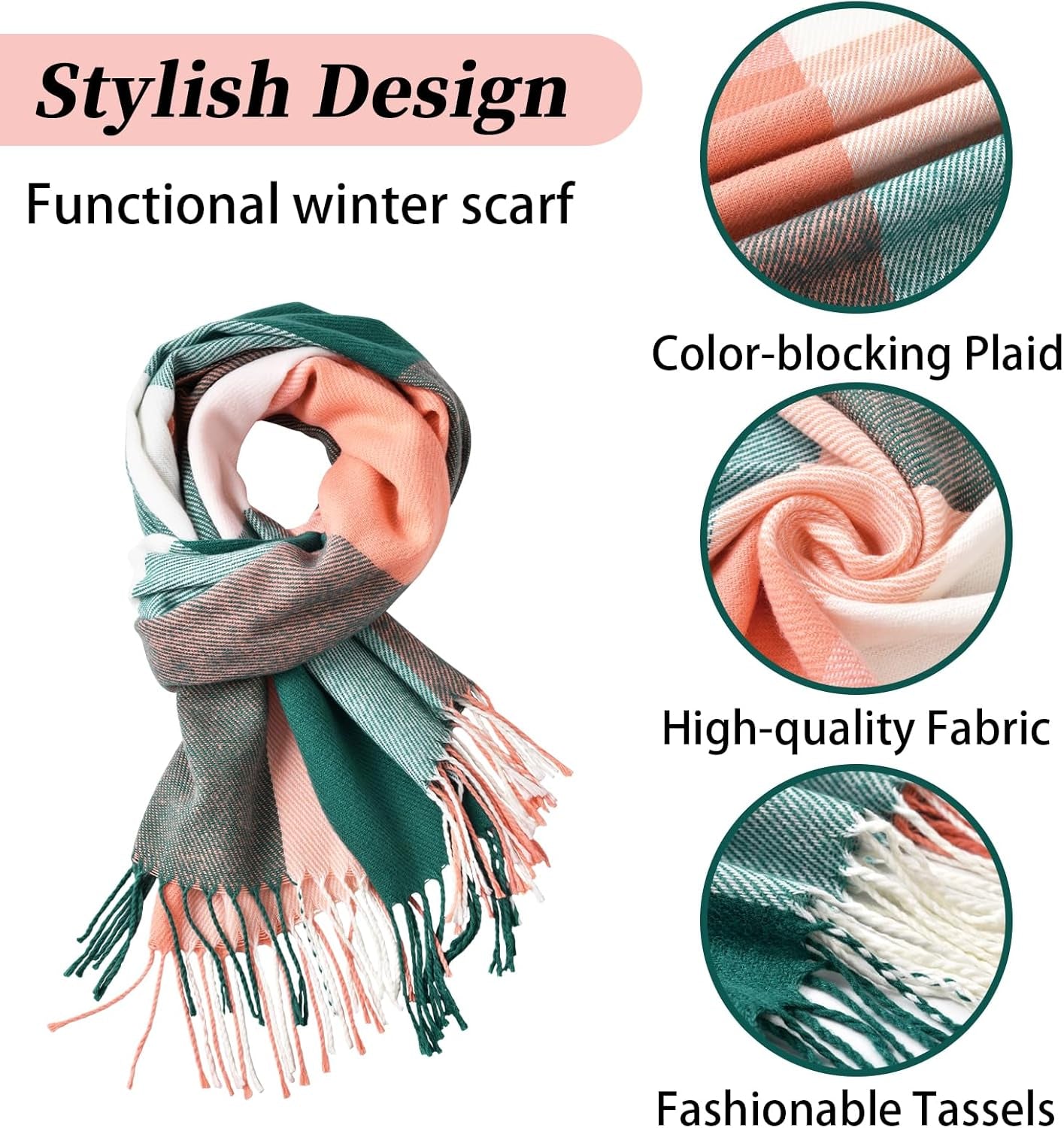 Fauson Winter Scarf for Women, Winter Warm Women'S Scarves, Soft Blanket Scarf Classic Tassel Plaid