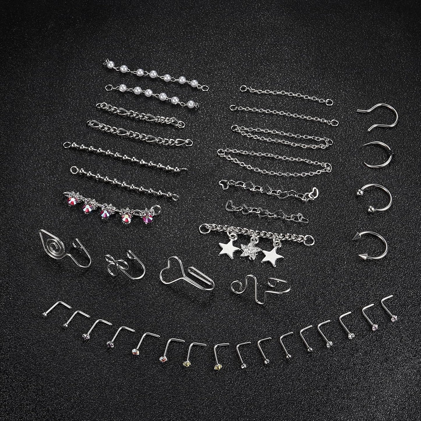 20G Nose Rings Studs with Chains African Nose Ring Cuff Horseshoe Septum Rings Stainless Steel Star Heart Nose Ring Chain Piercing Jewelry Set for Women Men