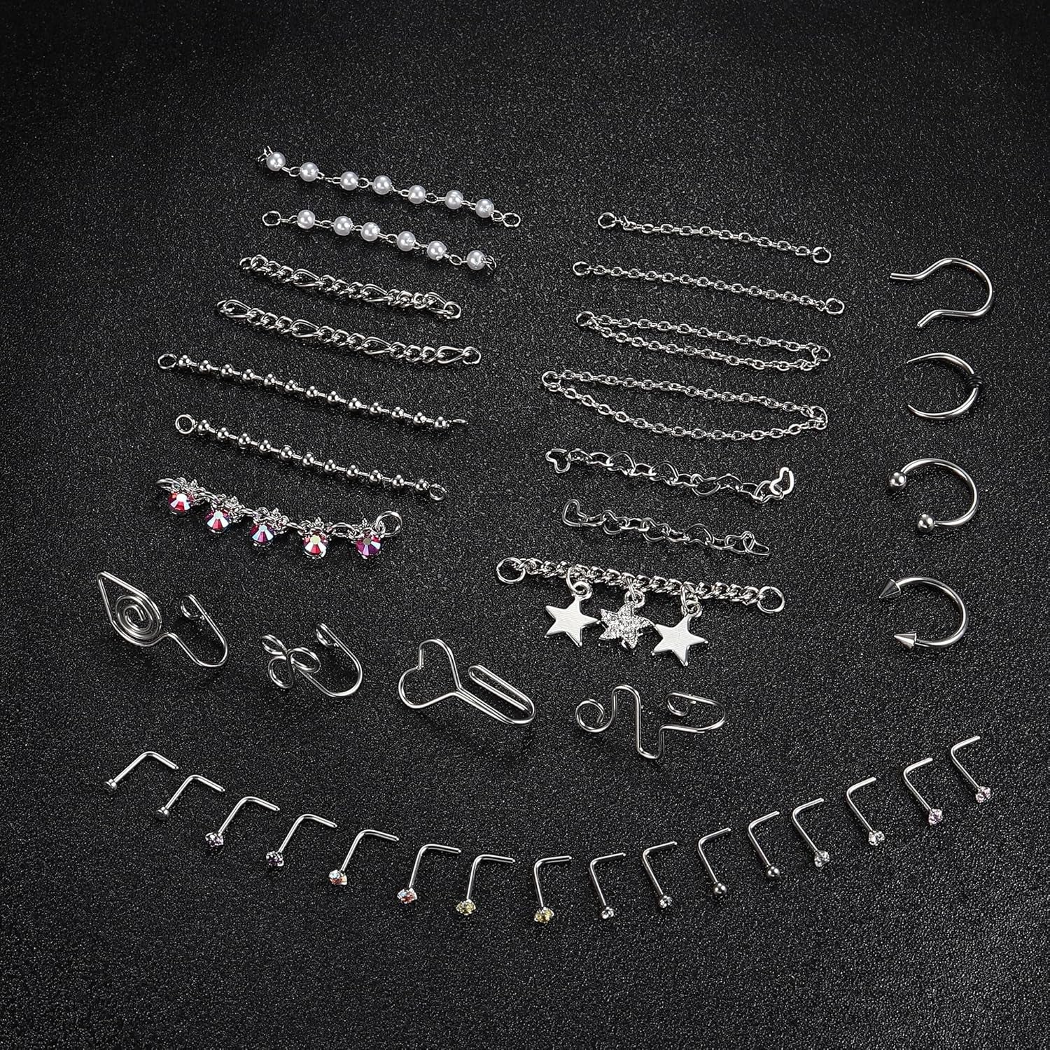 20G Nose Rings Studs with Chains African Nose Ring Cuff Horseshoe Septum Rings Stainless Steel Star Heart Nose Ring Chain Piercing Jewelry Set for Women Men