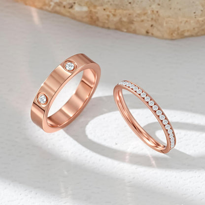 Rose gold wedding band cubic zirconia ring pair