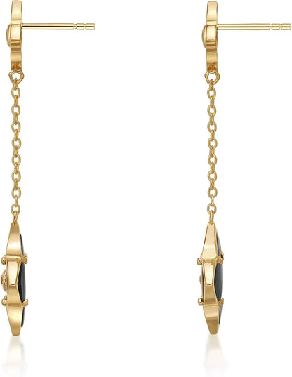 Black Onyx Flower Dangle Drop Earrings for Women in 925 Sterling Silver with Yellow Gold Plating Friction Back by Lavari Jewelers