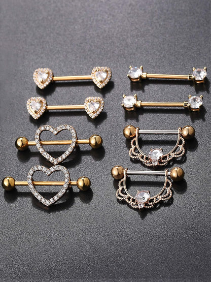 Tatuo 4 Pairs Stainless Steel Nipple Tongue Rings Piercing Body Jewelry Barbell CZ Heart Shape Rings for Women Girls(Gold Bar and White Zirconia)