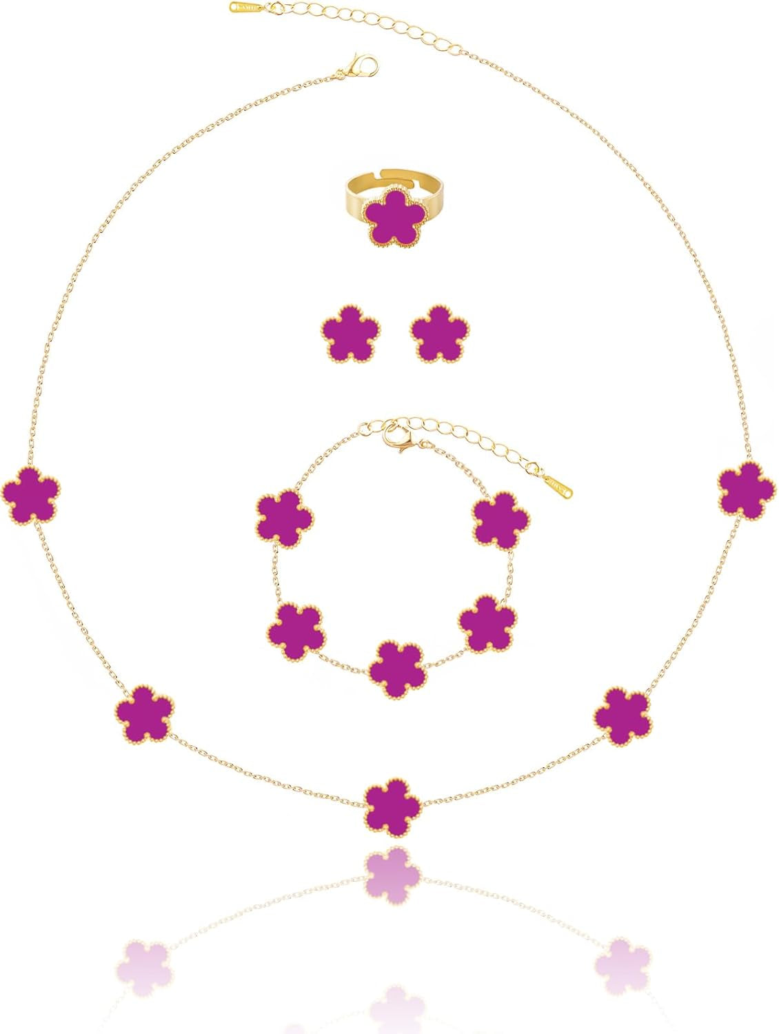 Gold Plated Five Leaf Clover Necklace Bracelet Rings and Stud Earrings Set for Women Lucky Flower Jewelry