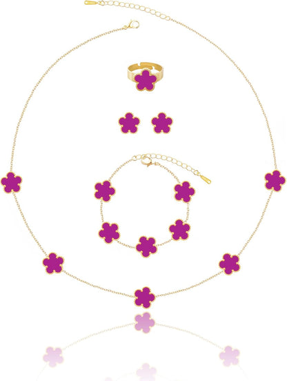 Gold Plated Five Leaf Clover Necklace Bracelet Rings and Stud Earrings Set for Women Lucky Flower Jewelry