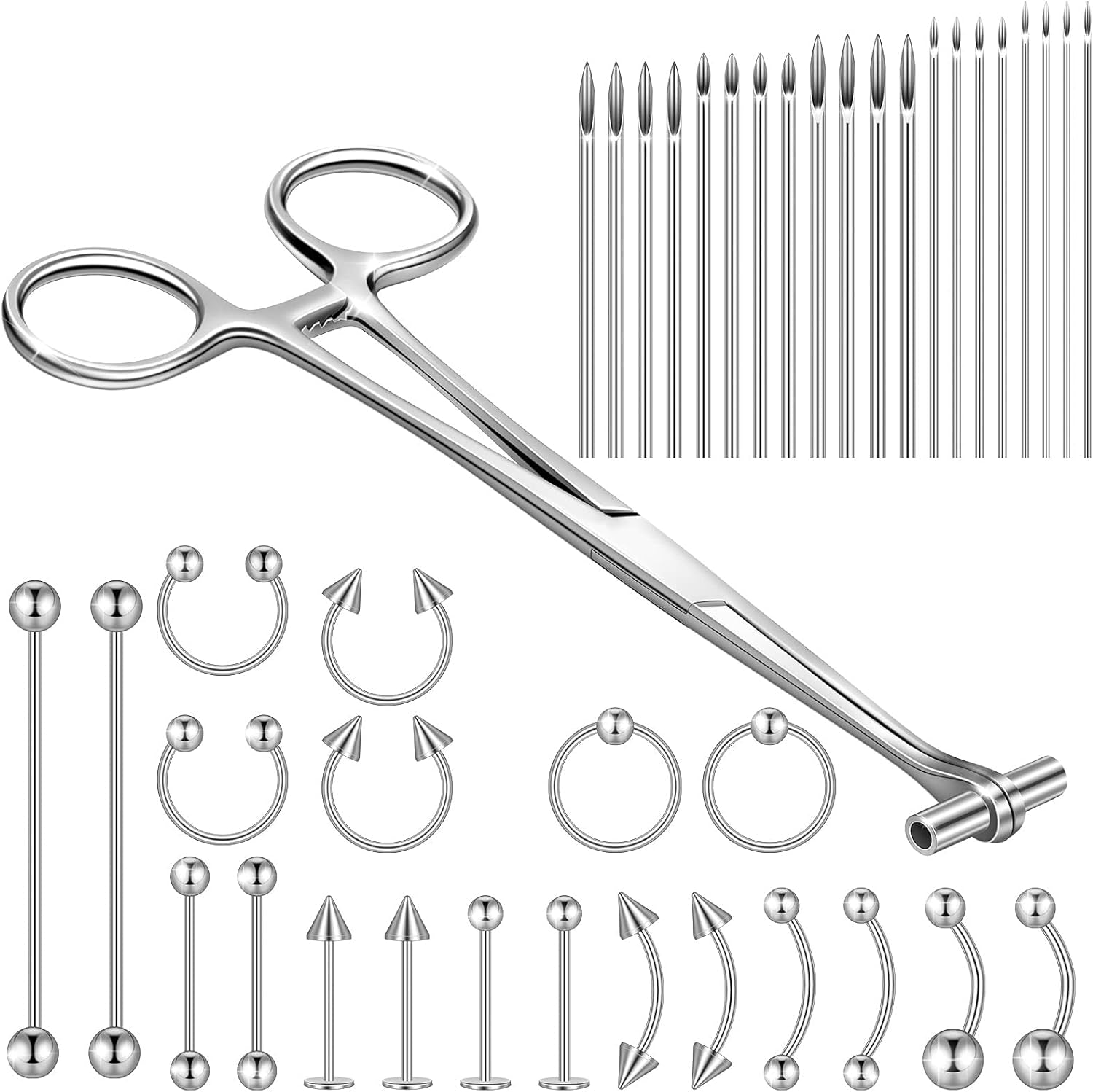 41 Pieces Body Piercing Tool Kit Include Septum Forceps Clamp Pliers 20 Pcs 316L Stainless Steel Piercing Needles and 20 Pcs Nose Ring Hoop Jewelry for Ear Lip Belly Navel Tongue (Classic Style)