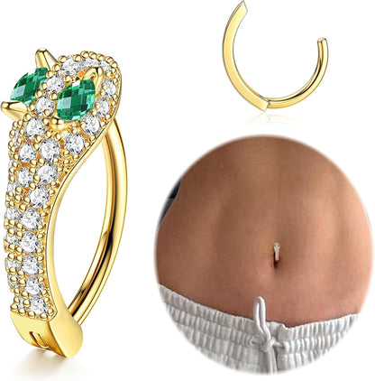 FIBO STEEL 14K Gold Plated Belly Button Rings for Women 316L Surgical Steel Clicker Belly Rings CZ Snake Flower Curved Reverse Navel Rings Belly Piercing Jewelry Barbell 14G