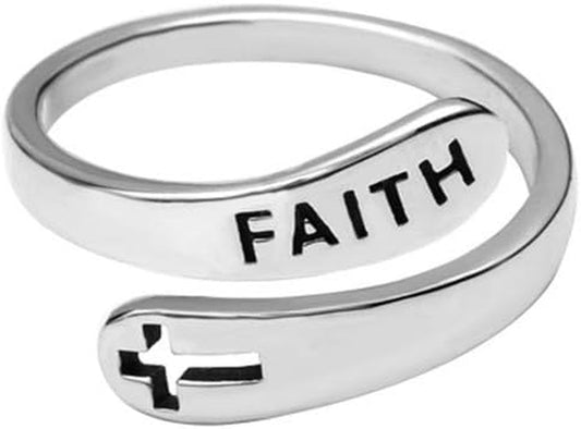 Faith Cross Sterling Silver Open Statement Rings Adjustable Minimalist Hope Love Eternity Wedding Band Promise Ring Wrap Finger Bands Fashion Jewelry for Women Men Xmas