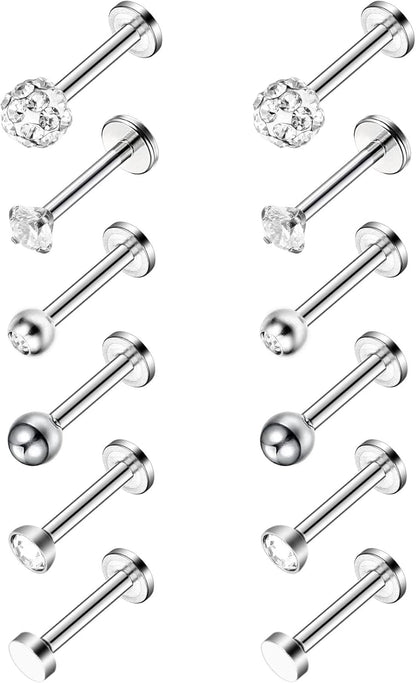Sumind Nose Studs 16G Tragus Piercing Jewelry Tragus Earrings Lip Rings Diamond Crystal Stainless Steel Labret Bars Body Piercing Jewelry, 6 Designs