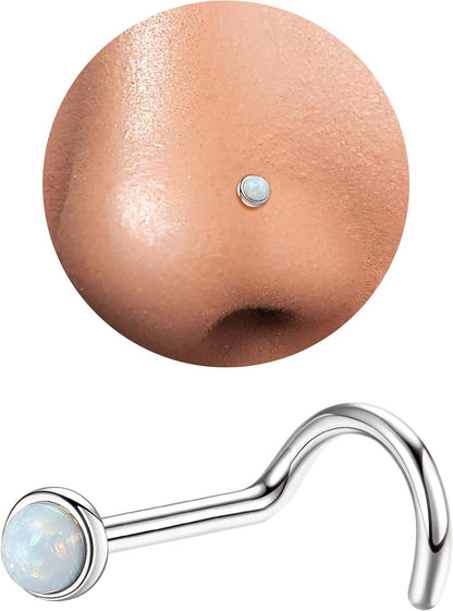 3Mm G23 Titanium Opal Nose Rings Studs Hypoallergenic L Shaped Screw Small Nose Rings for Women Men 20G Handmade 14K Gold Plated Nose Nostril Piercing Jewelry