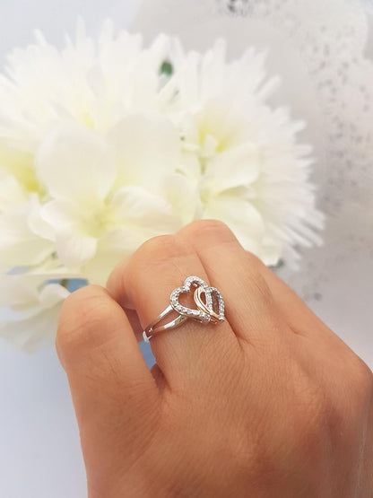 Double heart love ring with cubic zirconia stones