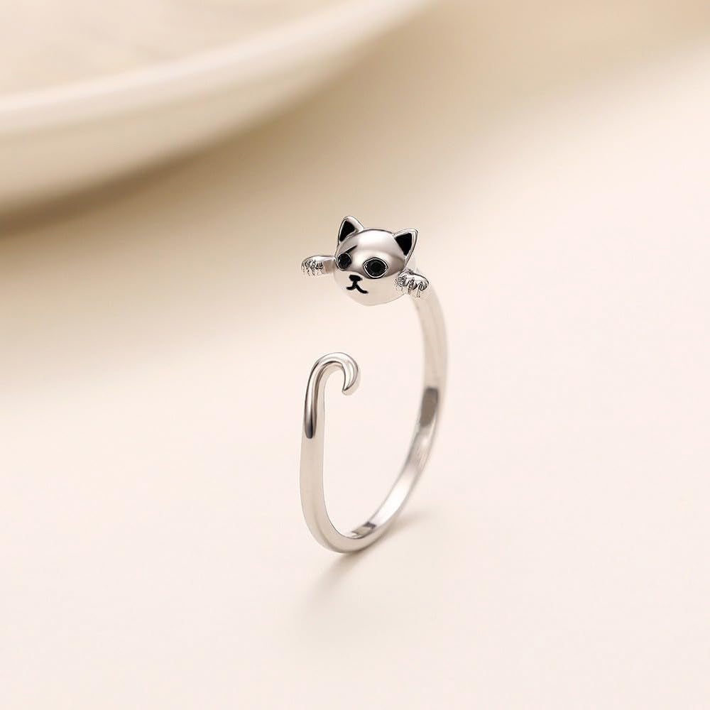 White Gold Plated Cat Statement Ring Personalized Accessory Ideal for Women'S Daily Casual Wear Party Holiday Anniversary Love Jewelry Gift