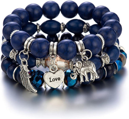 Caiyao Bohemian Stackable Wood Wooden Beads Elephant Charm Tassel Stretchy Bracelet Set for Women Men Multilayered Multicolor Acrylic Resin Seeds Bracelet Ethnic Jewelry Gift