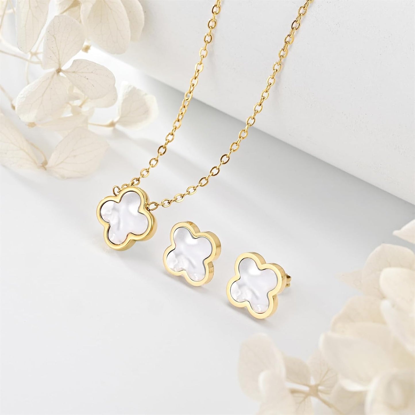 Clover Necklace and Earrings Set and Gold Bangles for Women