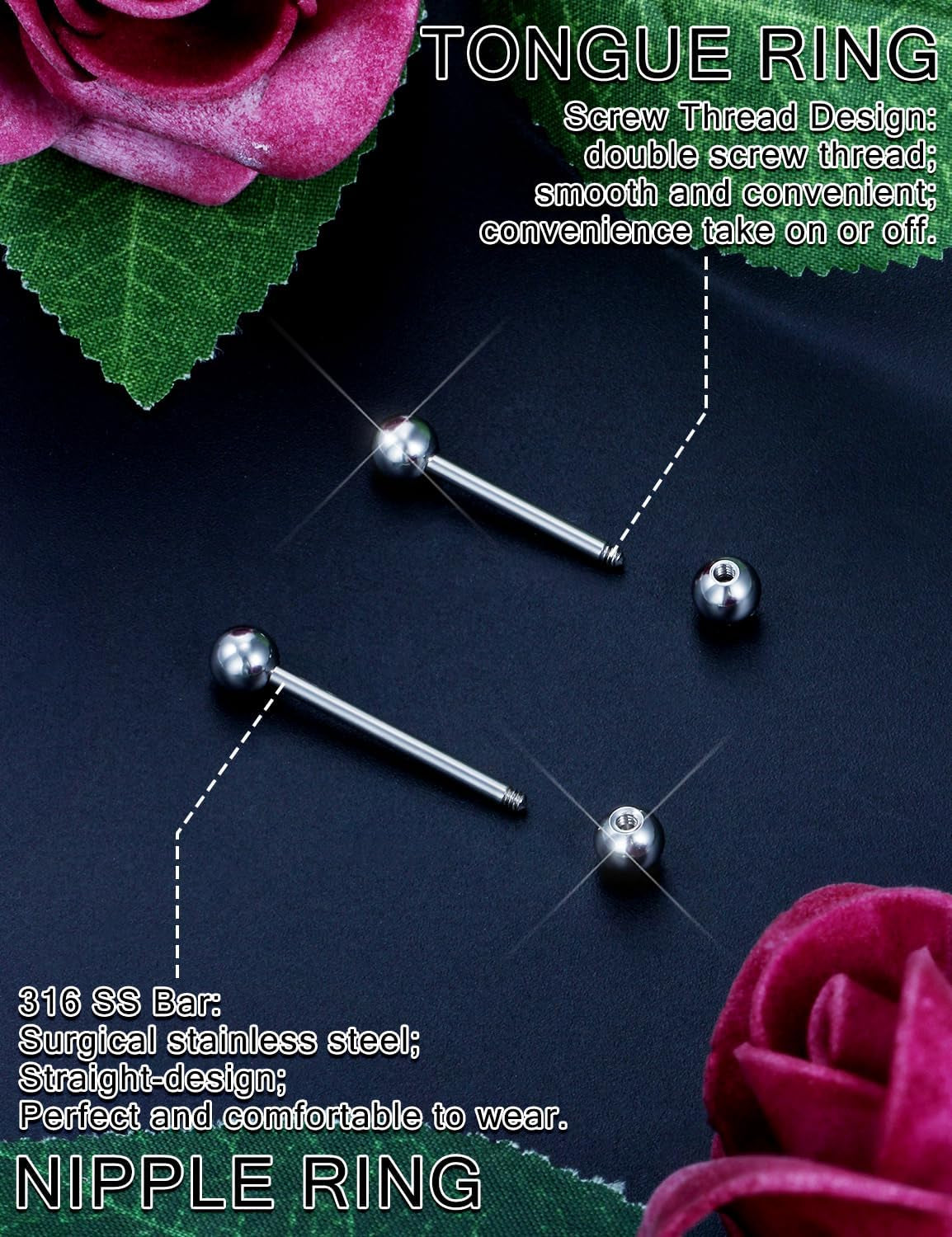 Prjndjw 14G Surgical Steel Straight Barbell - Tongue & Nipple Rings for Women & Men - Length 12MM, 14MM, 16MM, 18MM, 22Mm - Piercing Jewelry