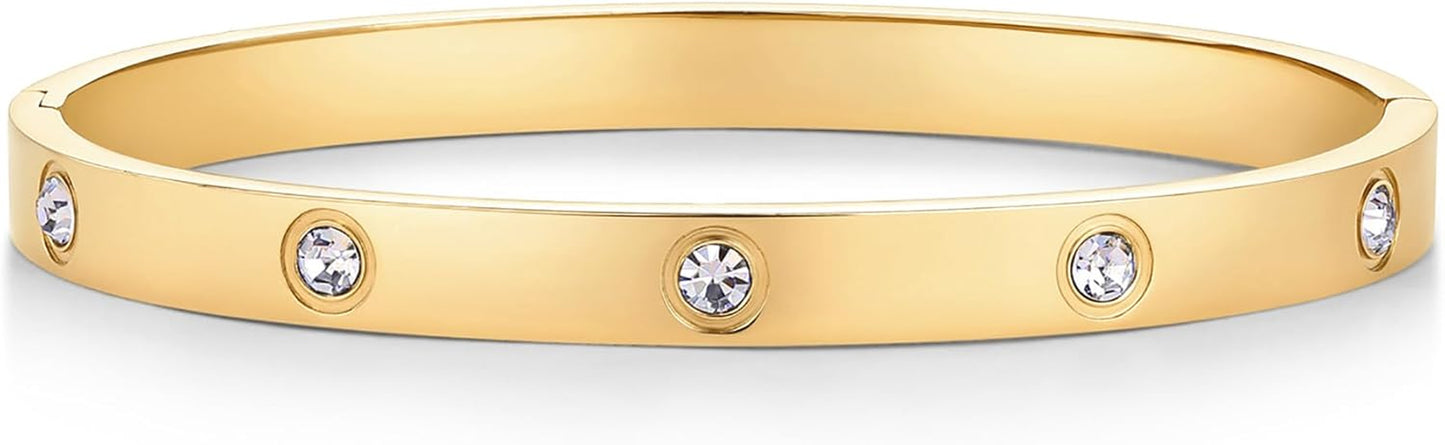 Gold plated hinged bracelet dupe with premium stone setting
