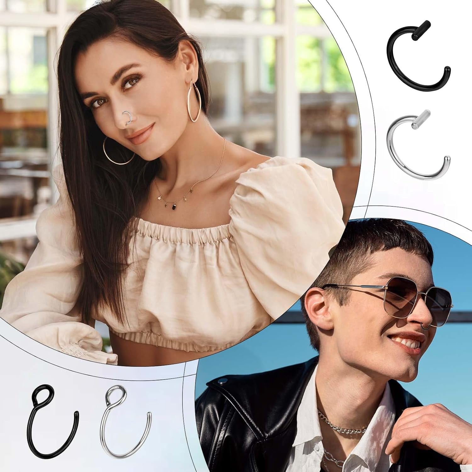 Fake Lip Ring, 12 Pcs Stainless Steel Fake Lip Piercing 8Mm Faux Nose Rings Clip on Nose Ring Ear Cuffs Non Piercing Jewelry for Women Men (Silver, Black)