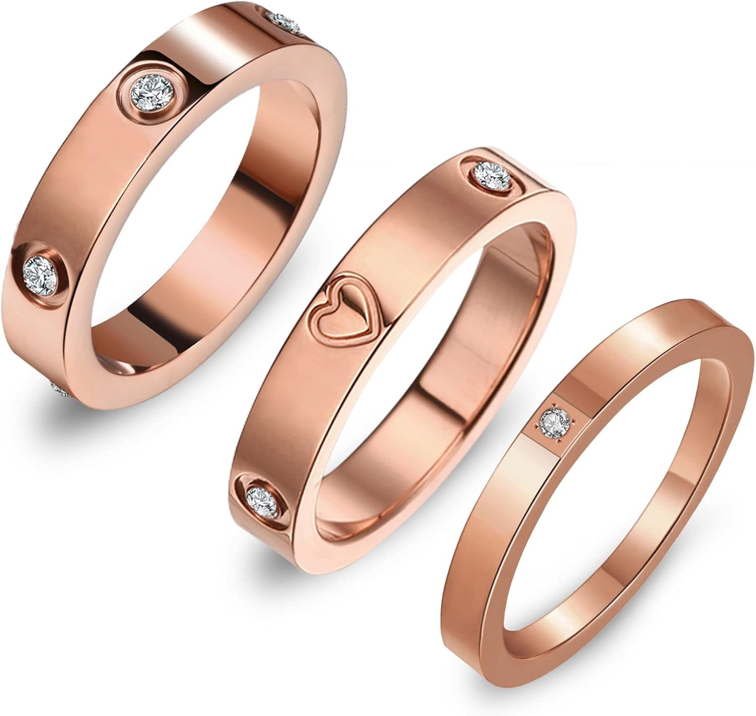 3PCS Love Friendship Ring Gold Ring Sets for Women Stainless Steel Wedding Statement Thumb Ring 18K Gold Silver Rose Plated Cubic Zirconia Rings Jewelry Gifts for Her