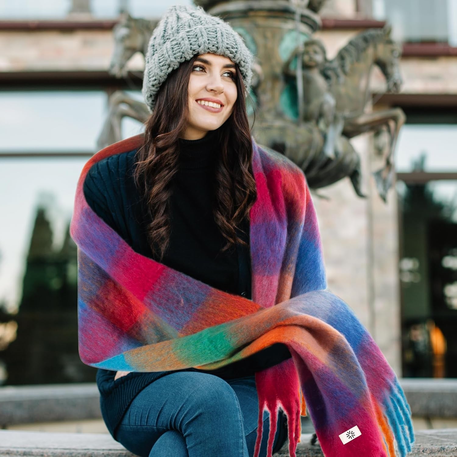 Womens Winter Scarf, Cashmere Feel Tassel Plaid Fashion Scarfs Colorful Plaid Long Shawl Large Scarves