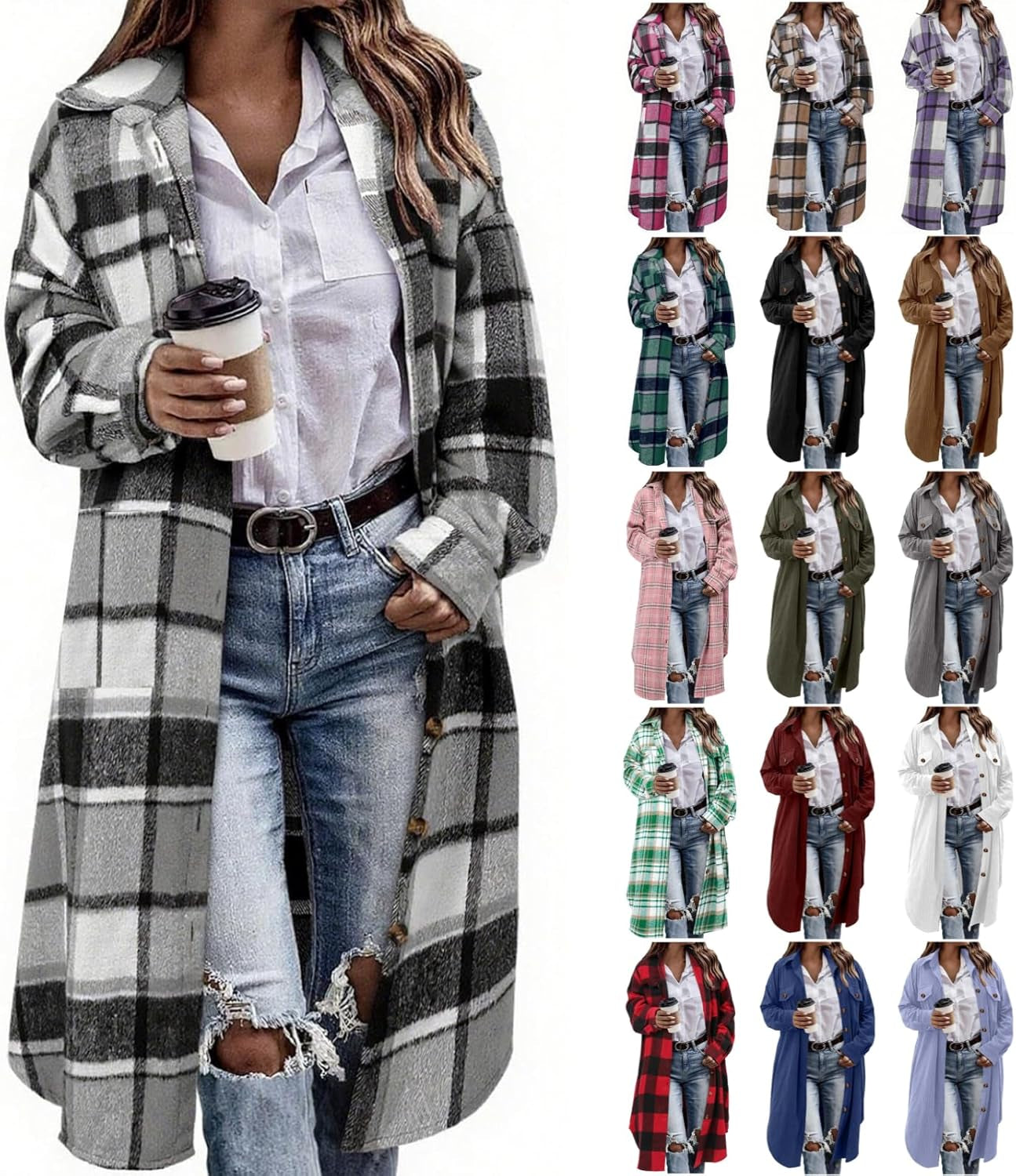 Women's red and black plaid flannel shacket with lapel collar
