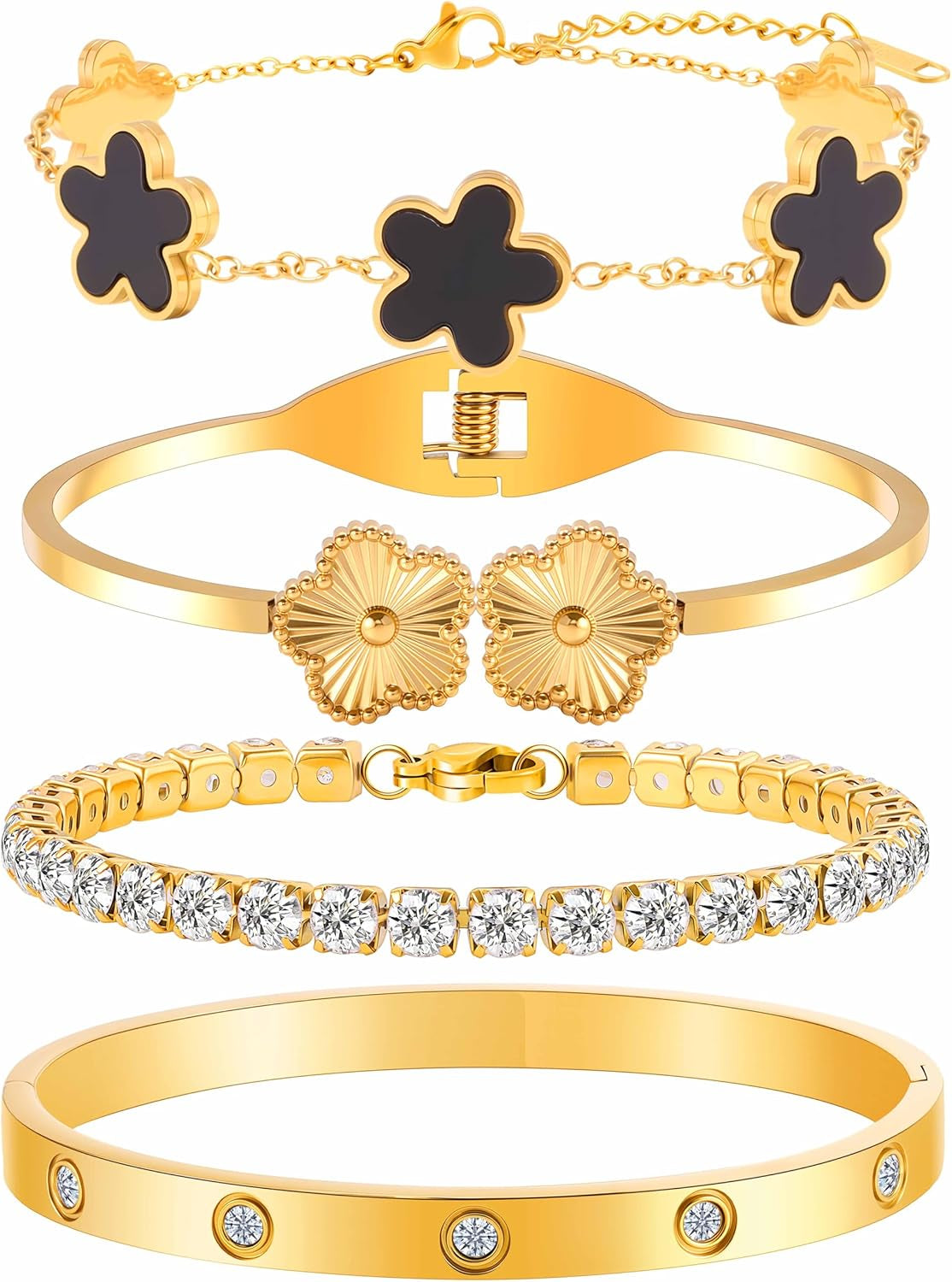 18K Gold Bracelets for Women - Clover Cuff & Cubic Zirconia Tennis Bangle Set - Non-Tarnish Stainless Steel Jewelry Gift for Valentine‘S, Christmas & Mother’S Day