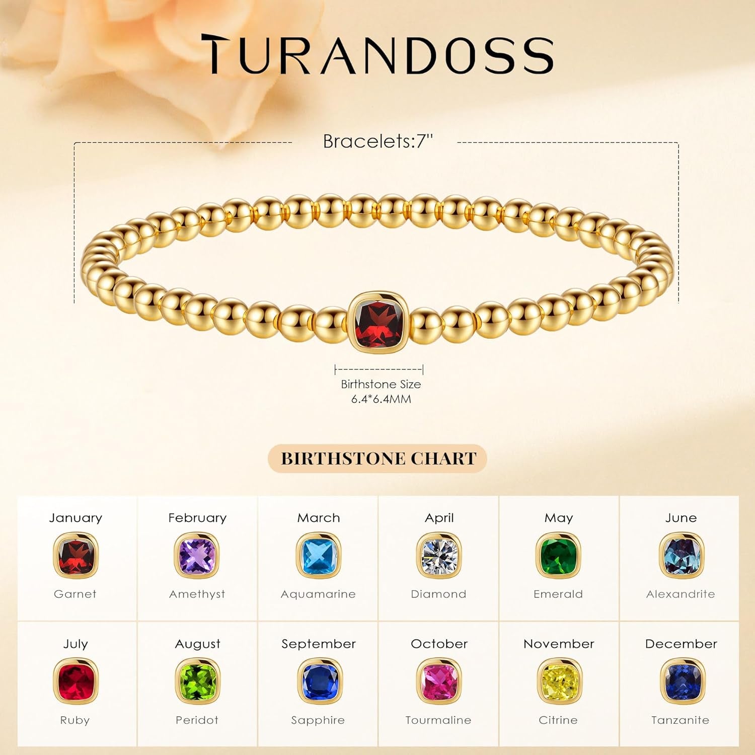 Turandoss Birthstone Bracelets for Women - Dainty Elastic 14K Gold Plated Beaded Square Birthstone Bracelets Trendy Waterproof Friendship Birthday Jewelry Gifts for Women Girls