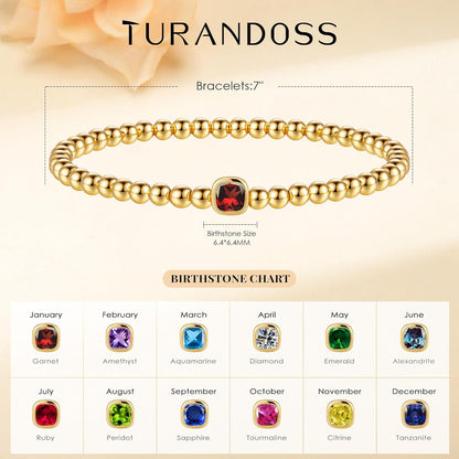 Turandoss Birthstone Bracelets for Women - Dainty Elastic 14K Gold Plated Beaded Square Birthstone Bracelets Trendy Waterproof Friendship Birthday Jewelry Gifts for Women Girls