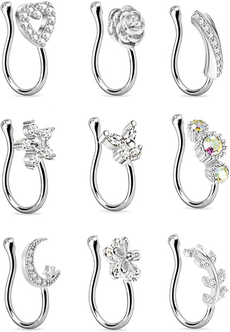 9Pcs Fake Nose Rings Hoop for Women Faux Cartilage Tragus Ring Nose Cuff Non Piercing Jewelry Set