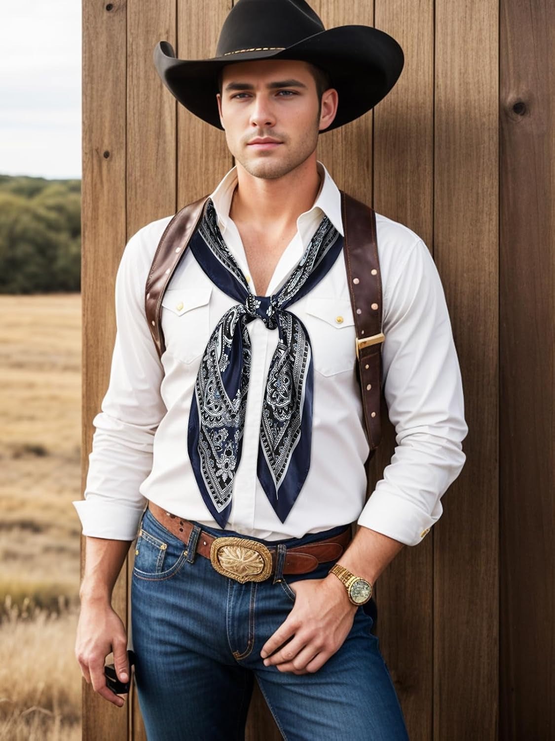 GERINLY 35 Inch Wild Rag Cowboy Scarves for Men, Large Rancher Neckerchief Silk Feel, Oversize Western Bandana