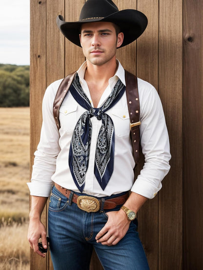 GERINLY 35 Inch Wild Rag Cowboy Scarves for Men, Large Rancher Neckerchief Silk Feel, Oversize Western Bandana