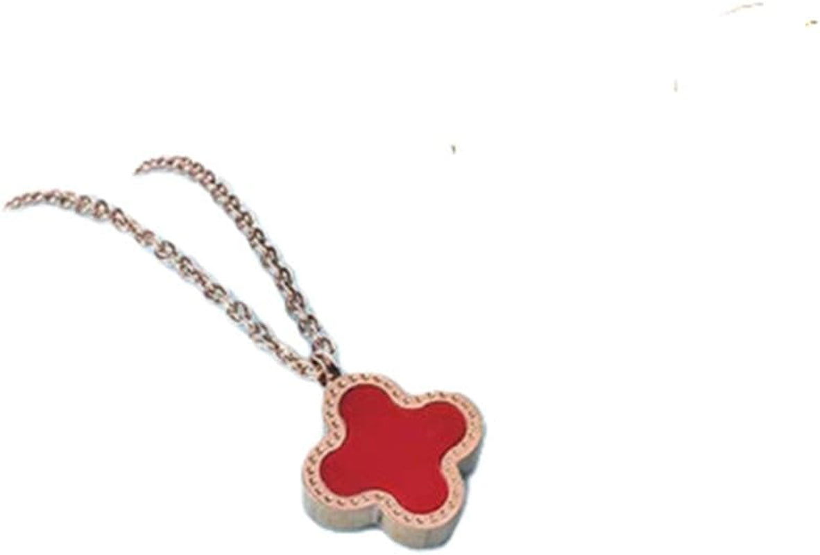 Reversible Clover Pendant Necklace – Titanium Steel Gold Chain – Black & Red Enamel – Four Leaf Lucky Charm Jewelry for Women