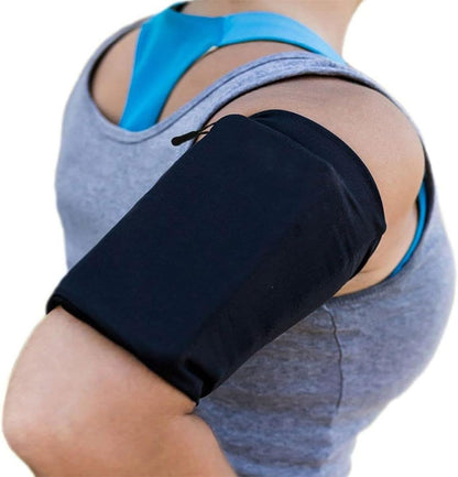 Black stretchable sports armband phone holder on woman's arm during running