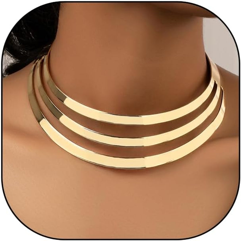 Hewill Chunky Gold Necklace Big Statement Chunky Necklace for Women African Tribe Wide Metal Choker Necklaces Jewelry
