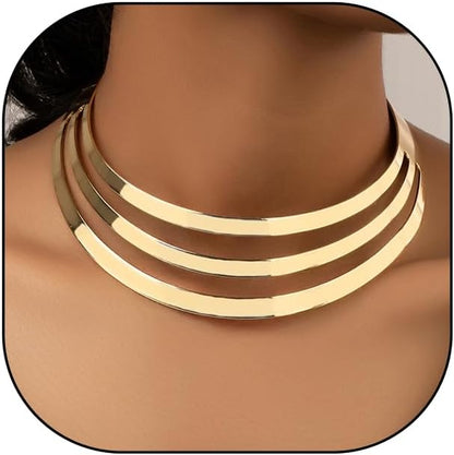 Hewill Chunky Gold Necklace Big Statement Chunky Necklace for Women African Tribe Wide Metal Choker Necklaces Jewelry
