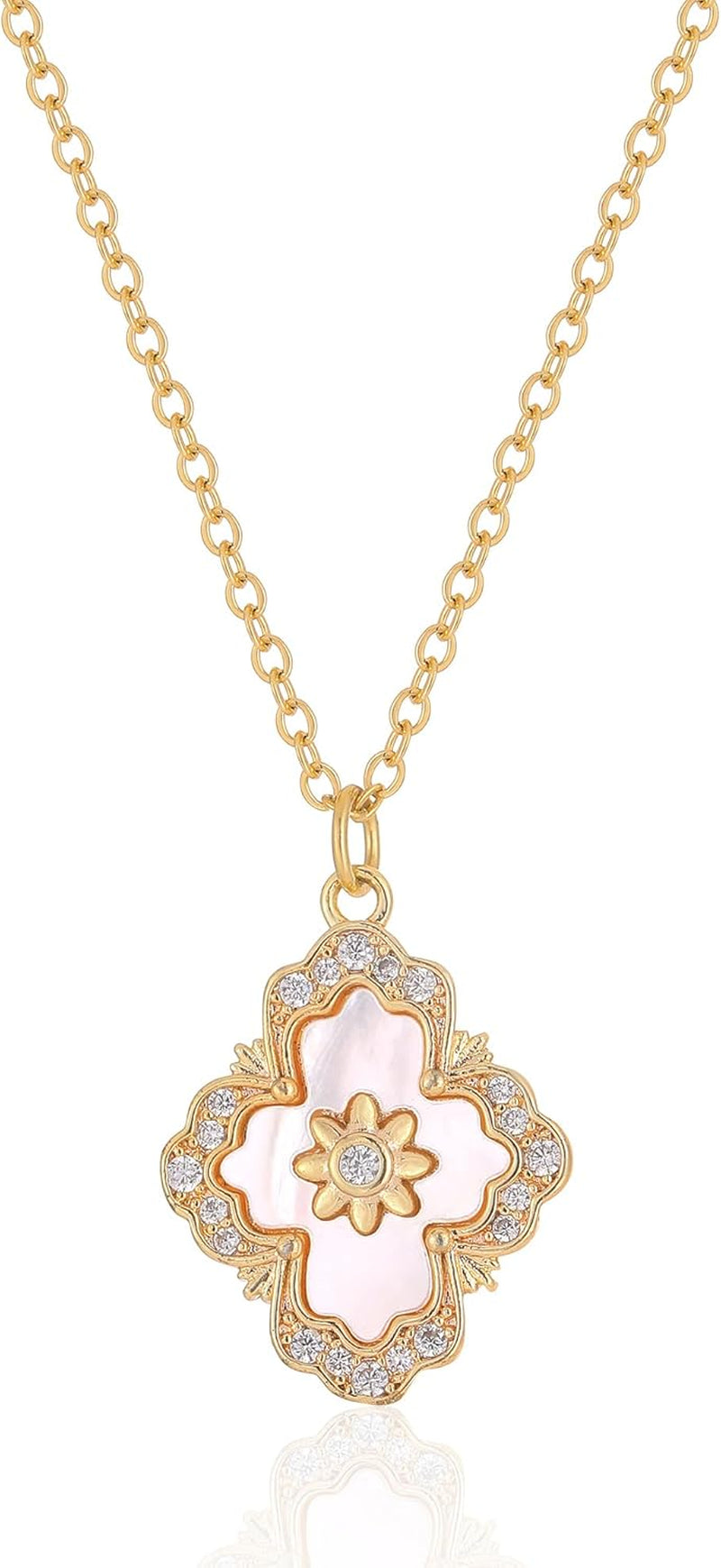 Clover Necklace for Women - 14K Gold Plated Mother of Pearl Four Leaf CZ Pendant Necklace Lucky Charm Jewelry Gifts for Women