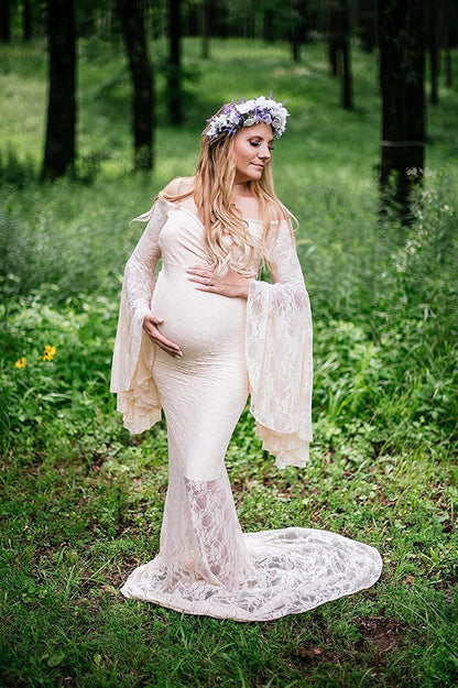 Saslax off Shoulder Lace Maternity Dress for Photography Maxi Maternity Props Dresses for Photo Shoot Baby Shower