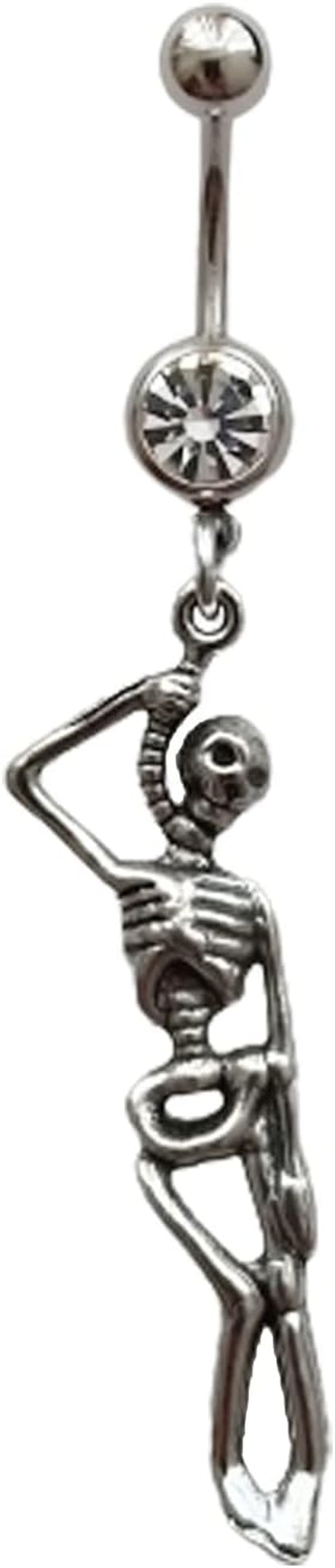 Punk Skeleton Belly Button Ring, Cool Stainless Steel 14G Navel Barbell Ring with Dangle Pendant, Unique Piercing Body Jewelry