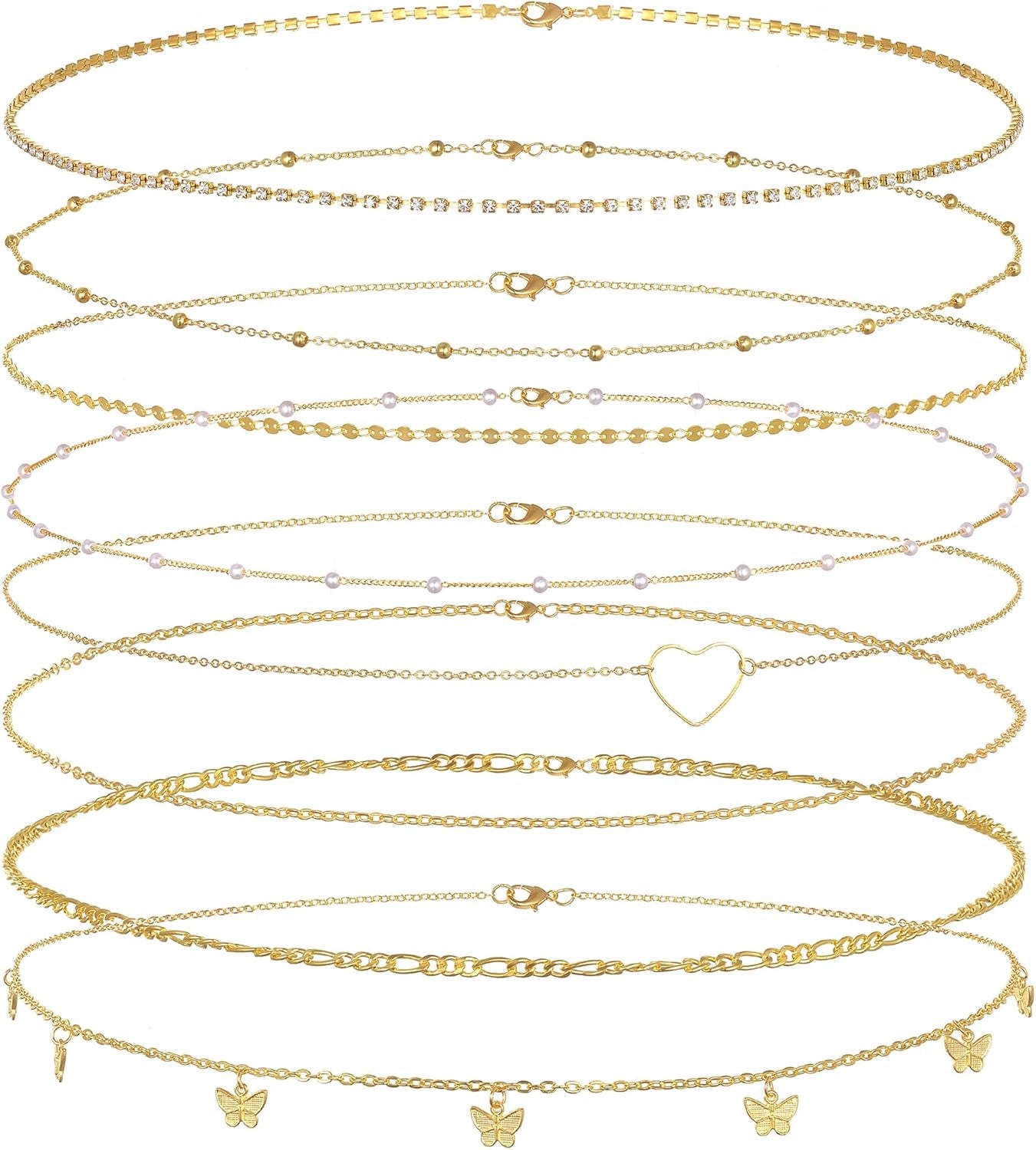 Tornito 8Pcs Waist Belly Chain CZ Heart Pearl Snake Bead Sequin Paperclip Belly Chain Summer Beach Sexy Body Chains Jewelry Accessories for Women Adjustable