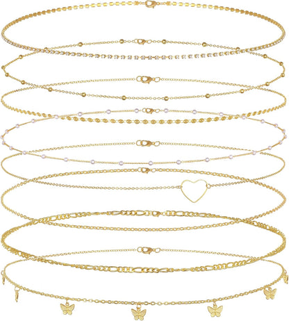 Tornito 8Pcs Waist Belly Chain CZ Heart Pearl Snake Bead Sequin Paperclip Belly Chain Summer Beach Sexy Body Chains Jewelry Accessories for Women Adjustable