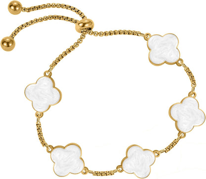 Clover Bracelet for Women 18K Gold Plated White/Black/Gold Flower Four Leaf Clover Bracelets Trendy Adjustable Jewelry Luky Gifts for Women