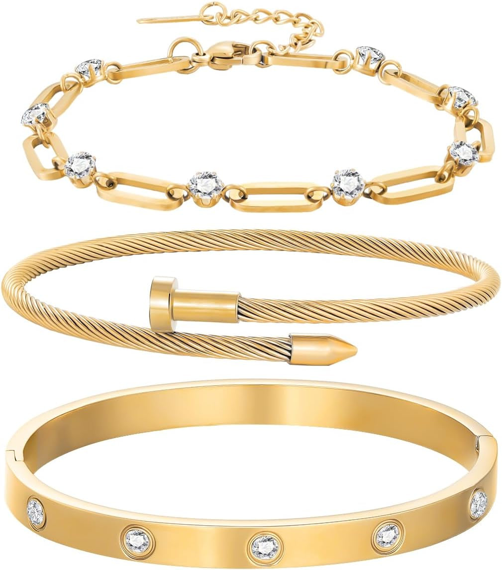 18K Gold Plated Bangle Bracelets for Women, Stackable Love Bangle Bracelet Set, Stainless Steel Non Tarnish Bracelet Set, Adjustable Bracelets Jewelry Christmas Valentine Birthday Gifts, Gold