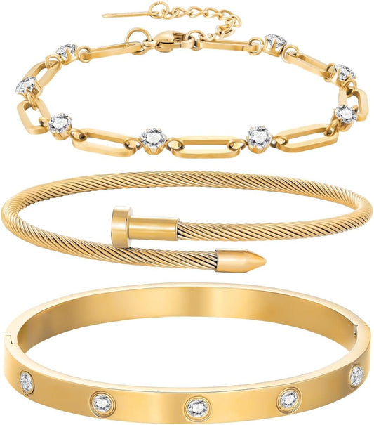 18K Gold Plated Bangle Bracelets for Women, Stackable Love Bangle Bracelet Set, Stainless Steel Non Tarnish Bracelet Set, Adjustable Bracelets Jewelry Christmas Valentine Birthday Gifts, Gold