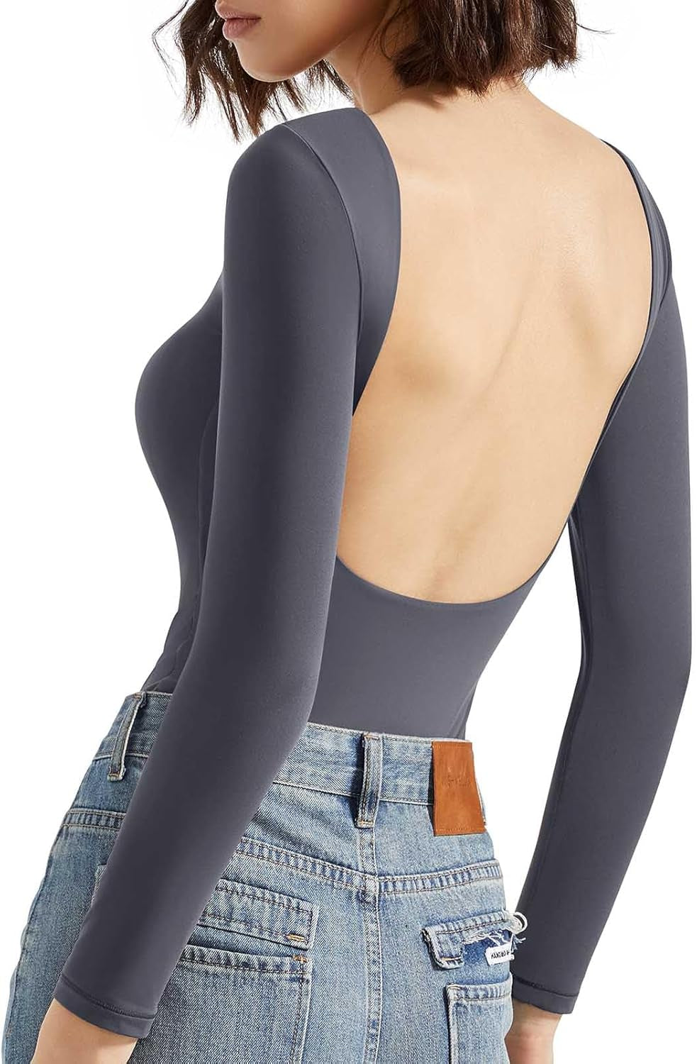 SUUKSESS Women Backless Y2K Long Sleeve Bodysuit Double Lined Open Back Sexy Basic Top