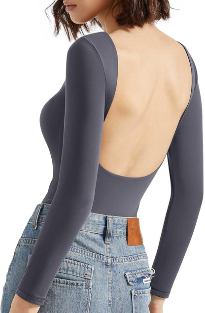 SUUKSESS Women Backless Y2K Long Sleeve Bodysuit Double Lined Open Back Sexy Basic Top
