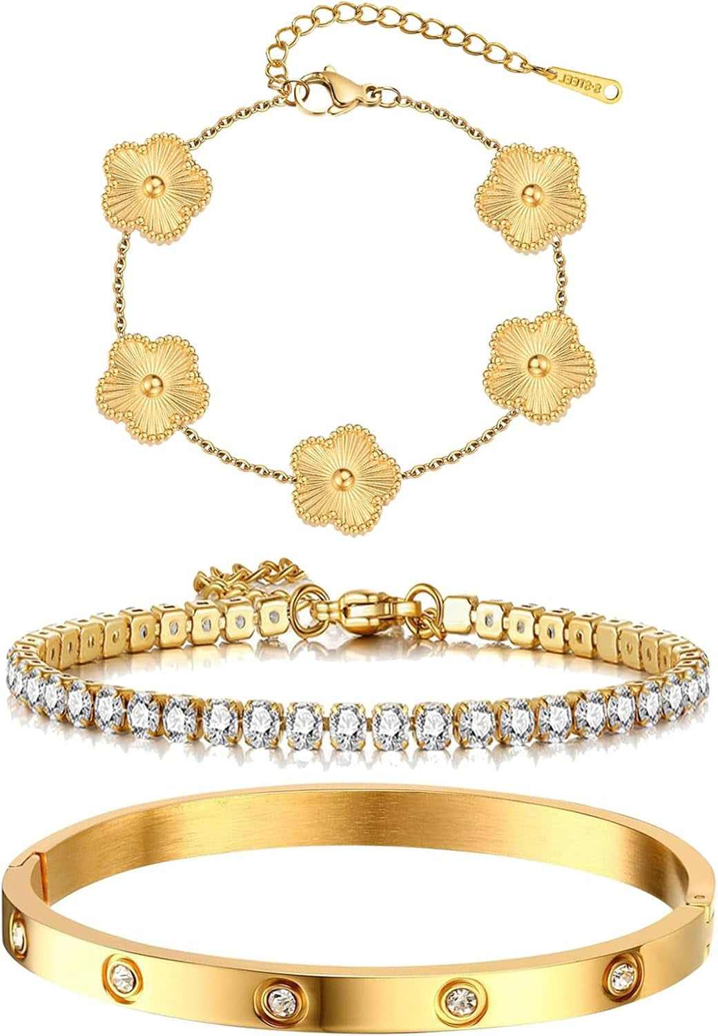 YOUNGGRACE Womens Stackable Floral Gold Bracelets 3Pcs